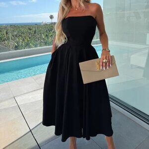 Ruched Tube Midi Dress | A-Line Sleeveless Formal Dress w/ Straight Across Neck